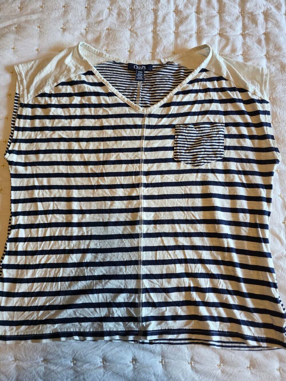 Chaps Denim Navy and White Striped V-Neck Short Sleeve Pocket T-Shirt